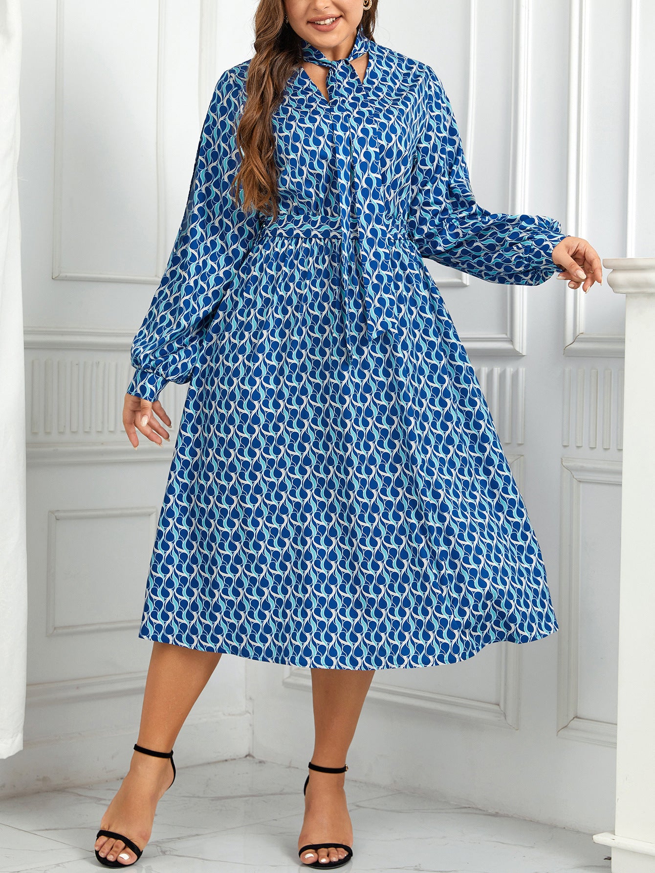 Robe à manches longues bouffantes à imprimé taille haute, style européen et américain