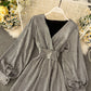 New Spring Summer V-neck Lantern-Sleeve Gold Metallic Sheer Waist-Cinched Dress