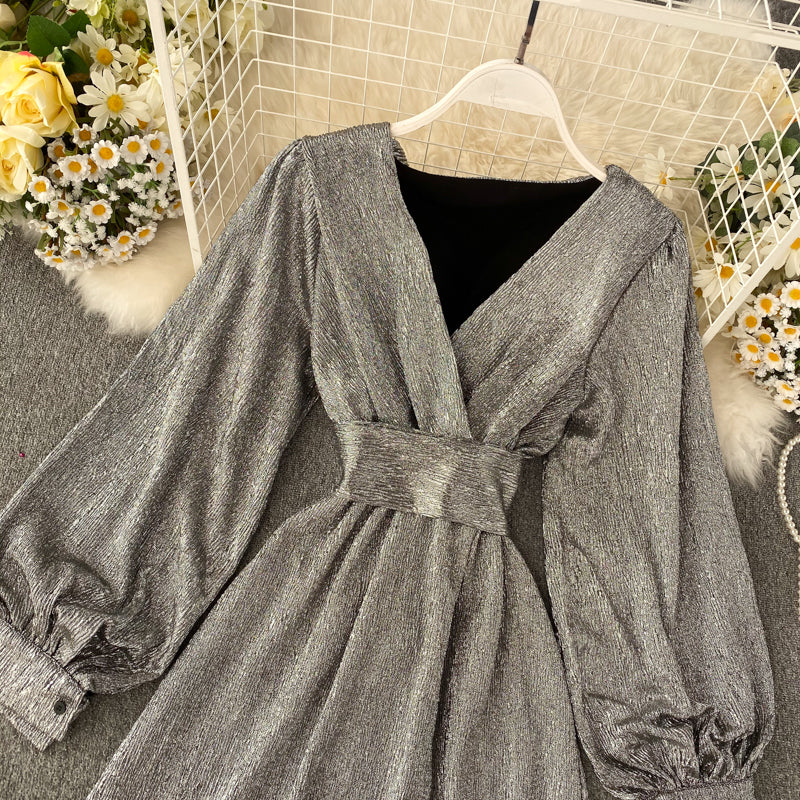 New Spring Summer V-neck Lantern-Sleeve Gold Metallic Sheer Waist-Cinched Dress