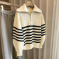Lapel Half-open Zipper Contrast Color Striped Pullover Sweater
