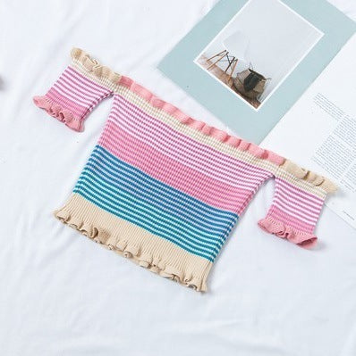 Pull en tricot à manches courtes pour femme avec col à mot près des oreilles en bois