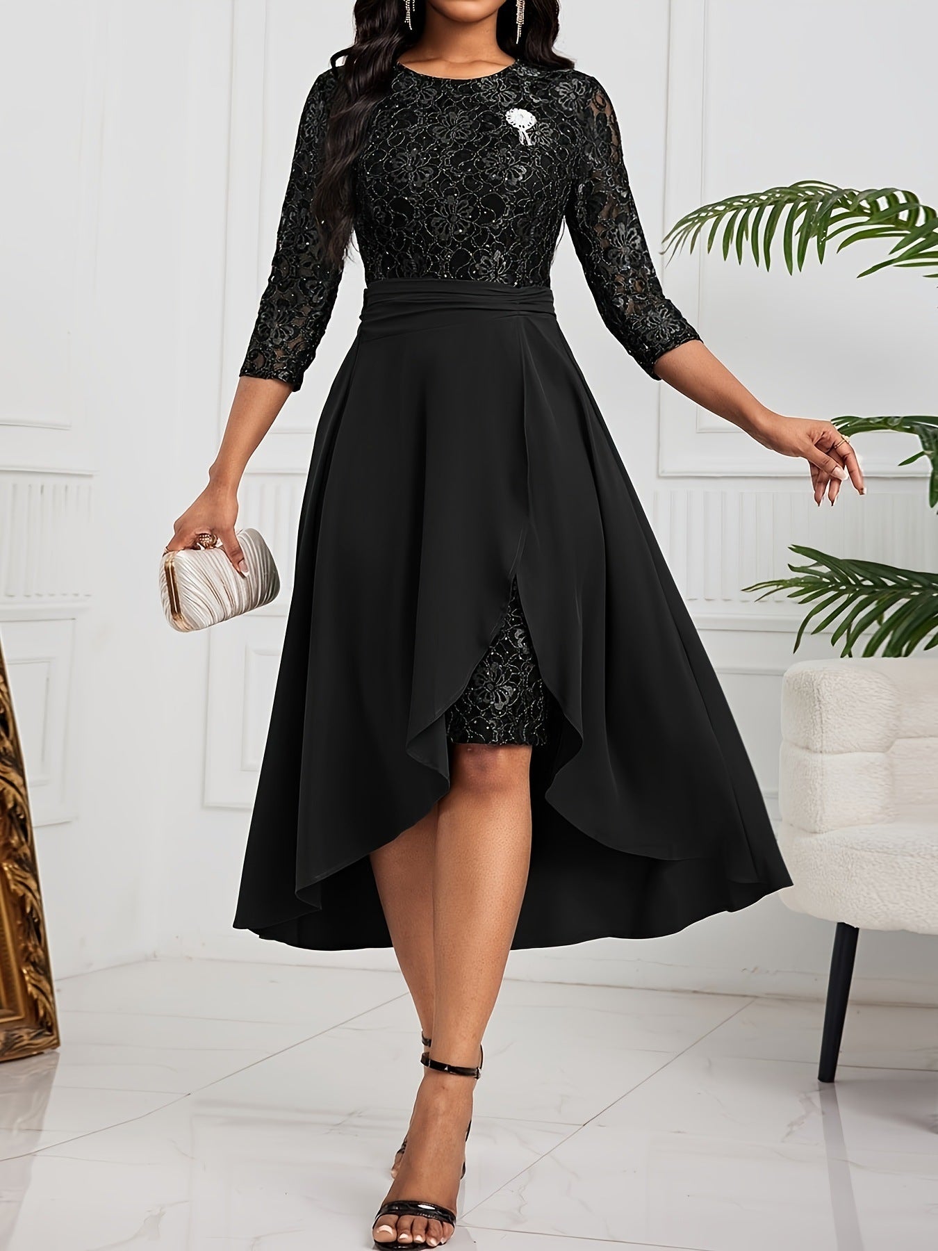 Women's Solid Color Lace Stitching Casual Dress