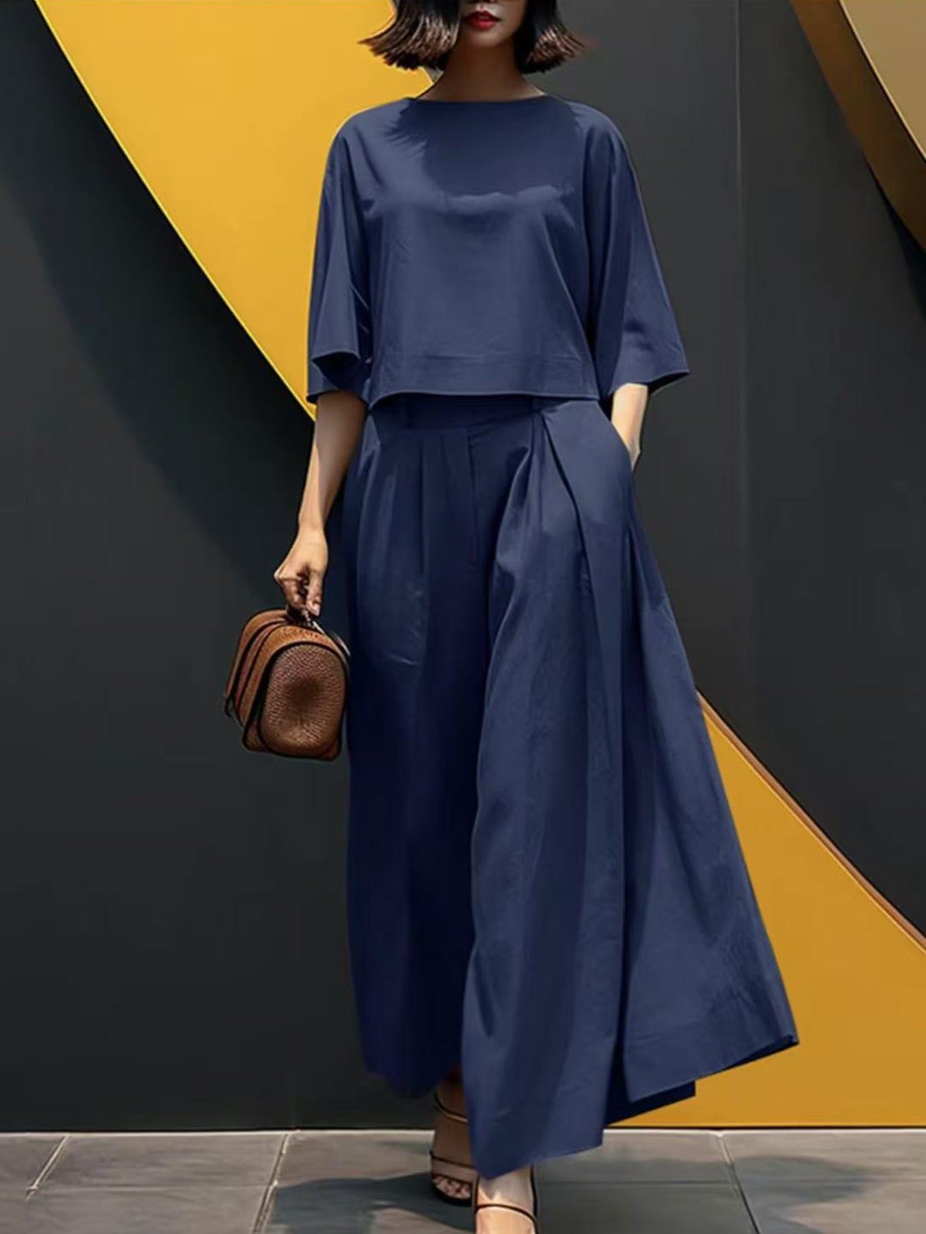 European And American Fashion Suit Solid Color Short Sleeve Loose Trousers Two-piece Set