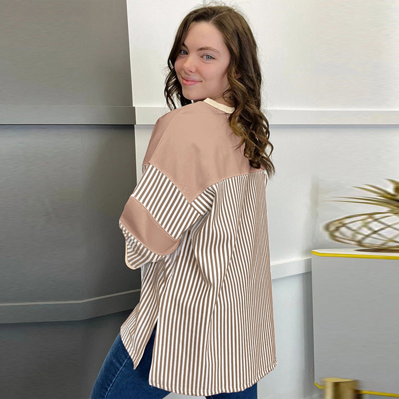 European And American Fashion Striped Color Matching Short-sleeved T-shirt For Women