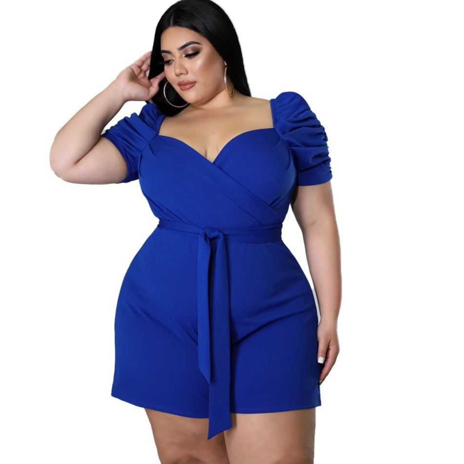 Women's Casual Fashionable And Solid-Colored Belted Jumpsuit In Plus Sizes