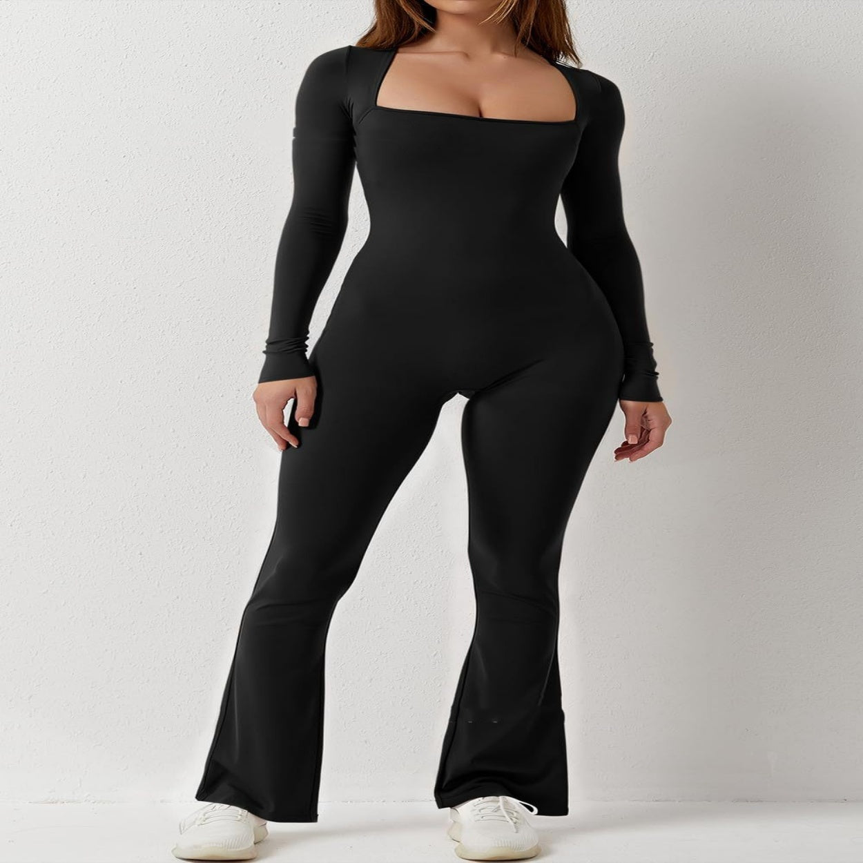 Combinaison à manches longues et col carré pour femme, couleur unie