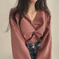 Pleated V-neck Twist Design Loose Casual Solid Color Long Sleeve