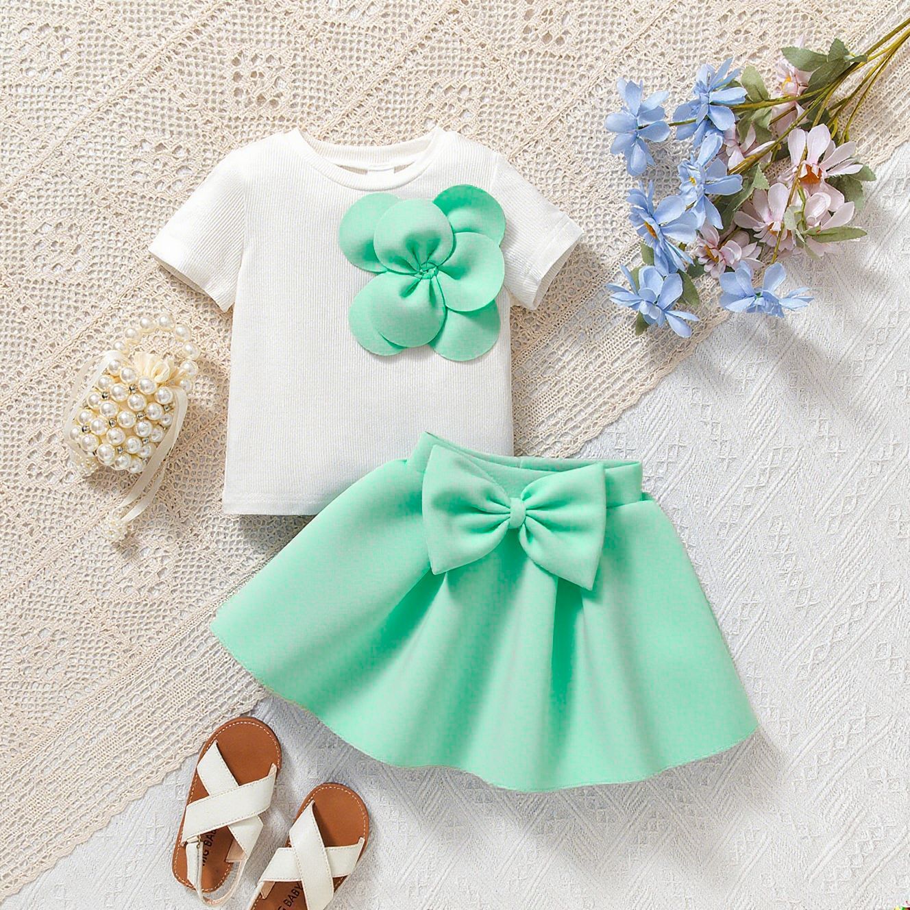 Flower Short Sleeves With Bow Puff Skirt Set