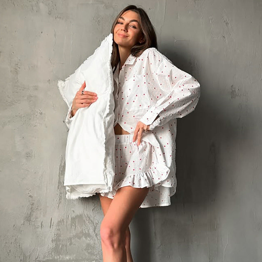 Womens SpringSummer 2-Piece Set Long-Sleeve Cotton Top And Shorts
