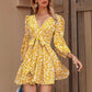 New Floral Tie-waist Puff-sleeve High-waist Flared Dress