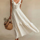 Elegant And Chic Cotton-Linen Dress With Ruffled Flutter Sleeves And A Flowing Hem