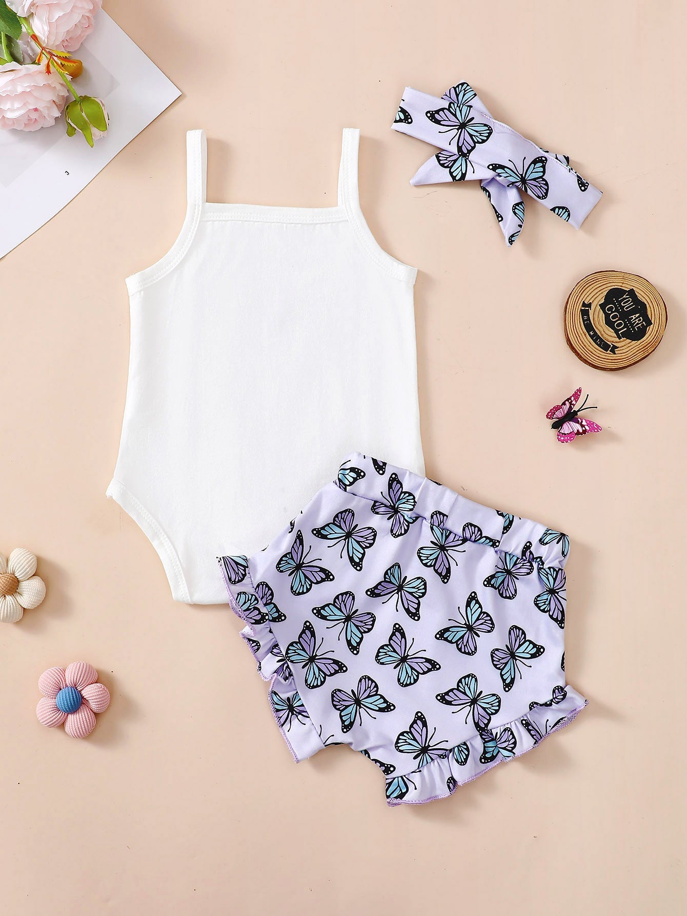 Baby Girl's Rompers Crawling Suit Printed Butterfly Two-piece Set