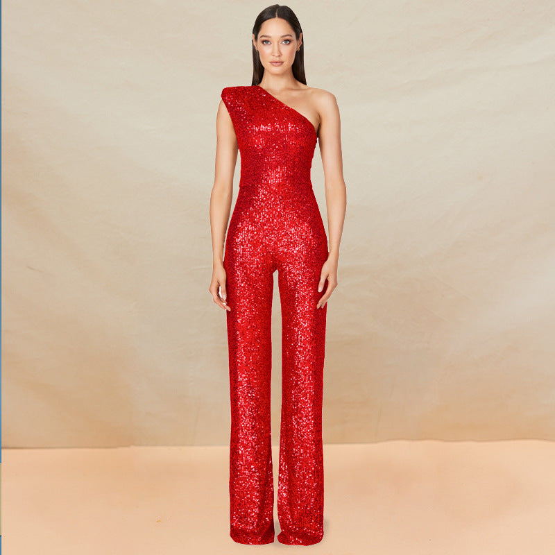 Combinaison sans manches à une épaule et taille haute à paillettes