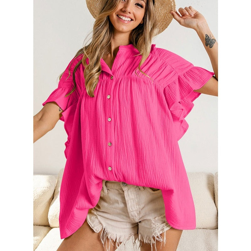 Women's Fashion Stand Collar Ruffled Sleeve Peplum Top