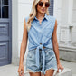 Washed Denim Thin Lace-up Shirt Short Top