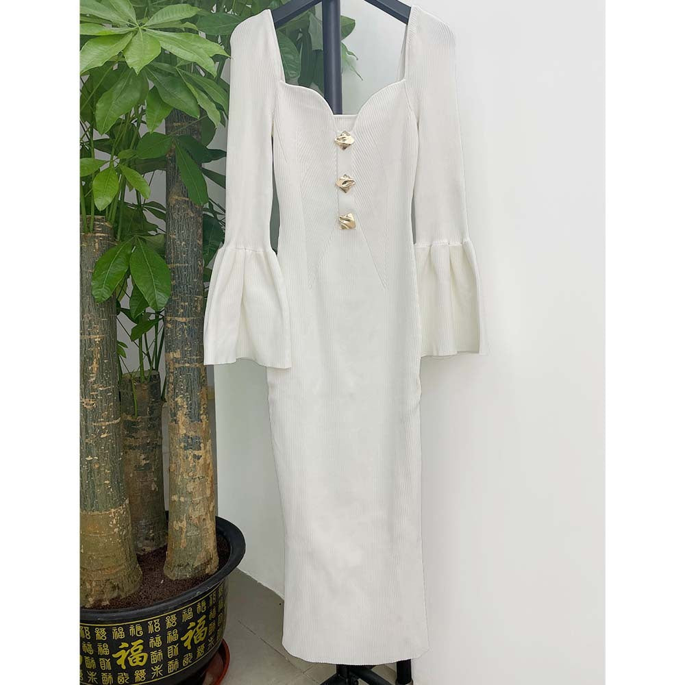 Classic Style Ladies Square Collar Long Sleeve One-step Dress