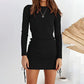 Drawstring Knitted Mid-waist Long Sleeve Dress
