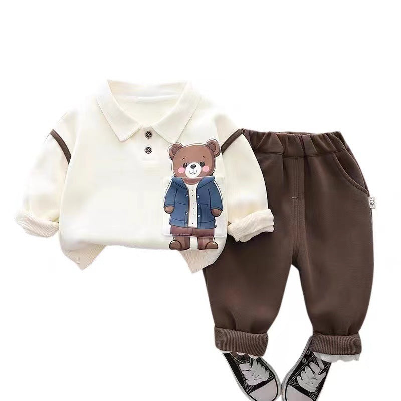 Korean Fleece-lined Two-piece Suit Baby Children Warm Suit