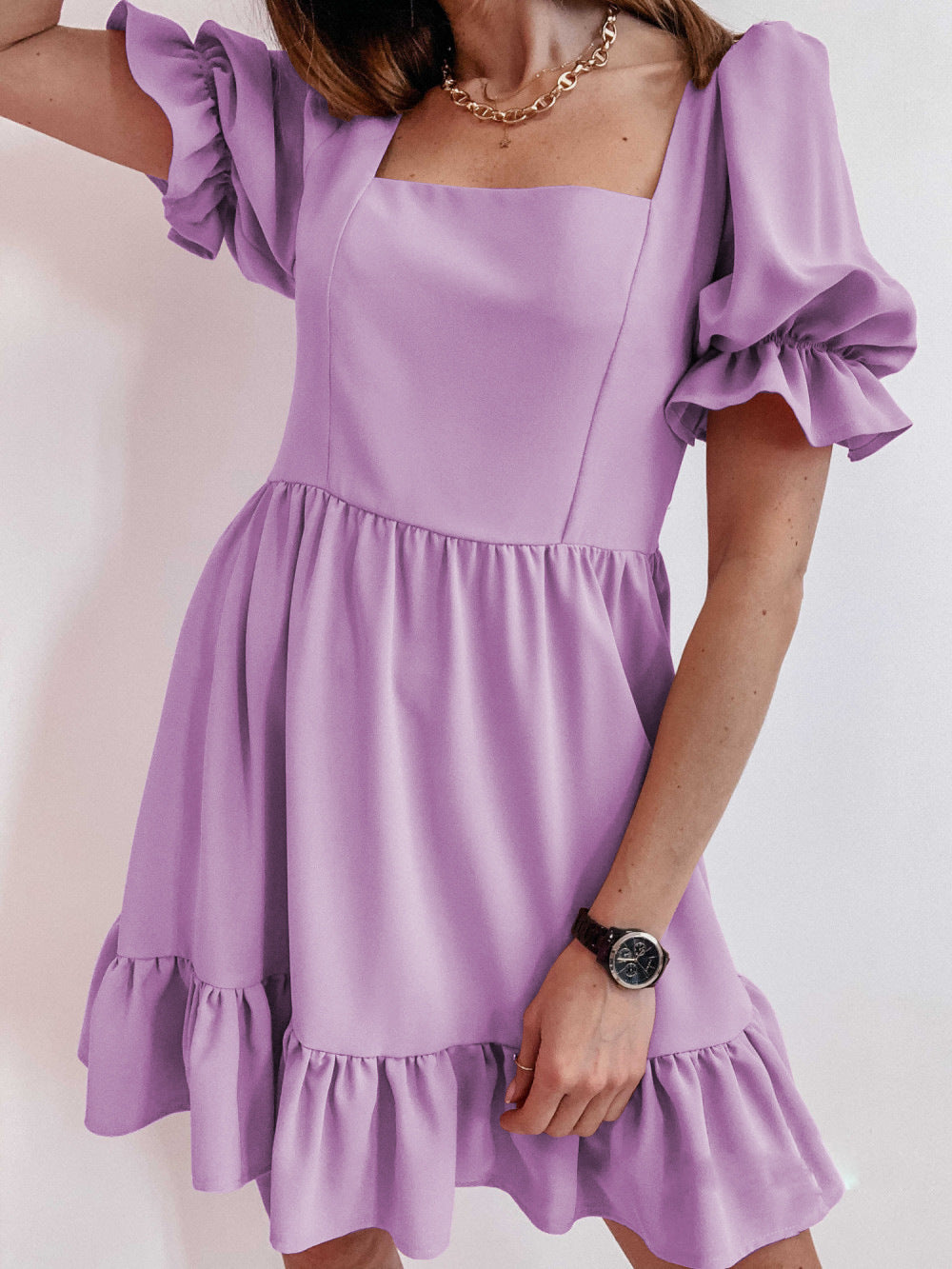 Short Sleeve Stitching Loose Solid Color Dress