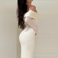 Texture Special-shaped Metal Buckle Off-shoulder Long Sleeve Dress