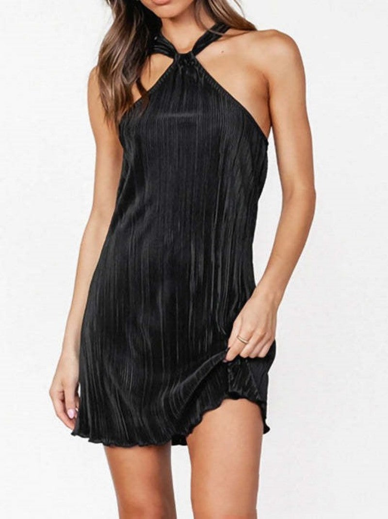Casual Bottoming Halter Solid Color Toothpick Pleated Dress