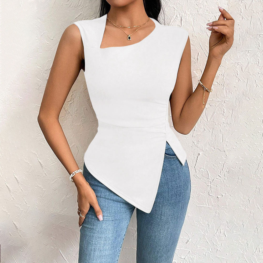 Diagonal Collar Slim-fit Solid Color Short Sleeve Women