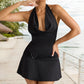 Solid-color Cinched-waist A-line Dress With A Boat Neck And Halter Neckline