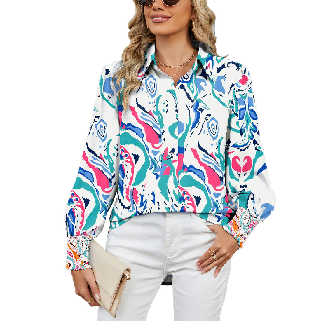 Printed Top Lapel Lantern Sleeve Shirt