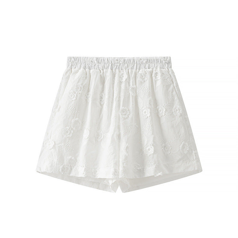 Solid Color Flower Embroidered Cotton Short-sleeved Shorts Two-piece Suit