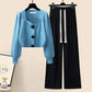 Gentle Puff Sleeve Knit Sweater High Waist Wide Leg Casual Pants Set