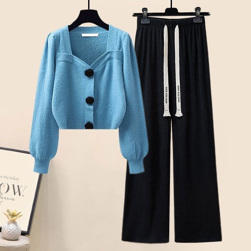 Gentle Puff Sleeve Knit Sweater High Waist Wide Leg Casual Pants Set