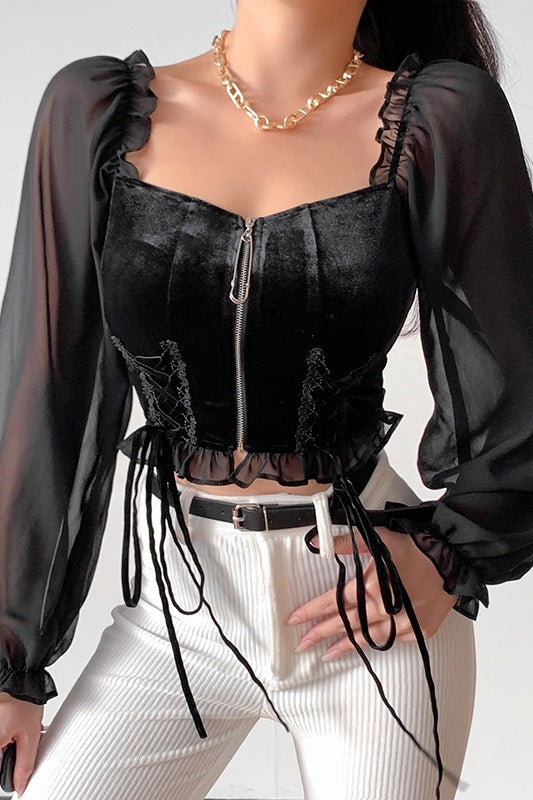 Temperament Square Neck Puff Sleeve Top Women's Niche Design Sense Strap Zipper