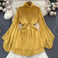 Spring And Autumn Pleated Bell Sleeve Turtleneck Dress