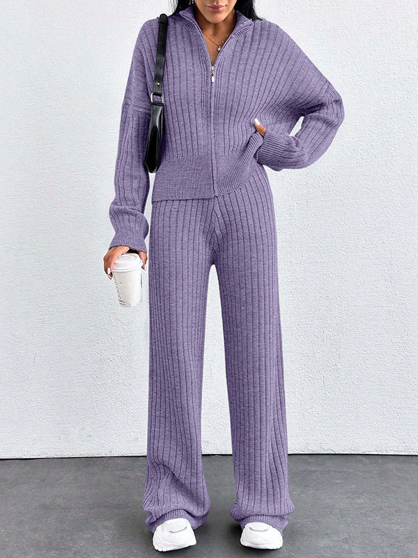 Autumn And Winter New European And American Women's Casual Loose Zip Top And Trousers Two-piece Set