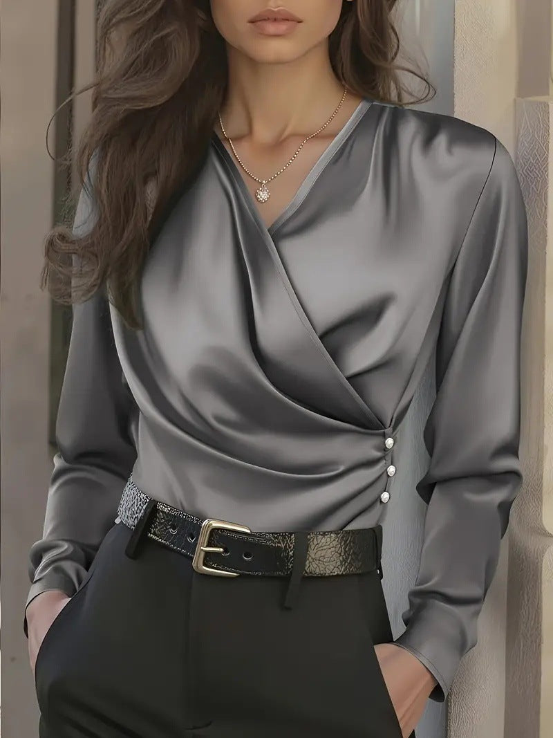 French Light Luxury V-neck Slim Fit Ins Style Versatile Shirt