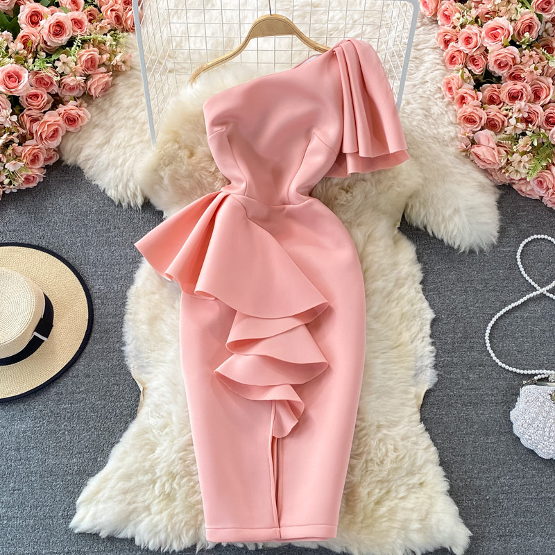 Women's Waist Three-dimensional Ruffled Slanted Shoulder Dress