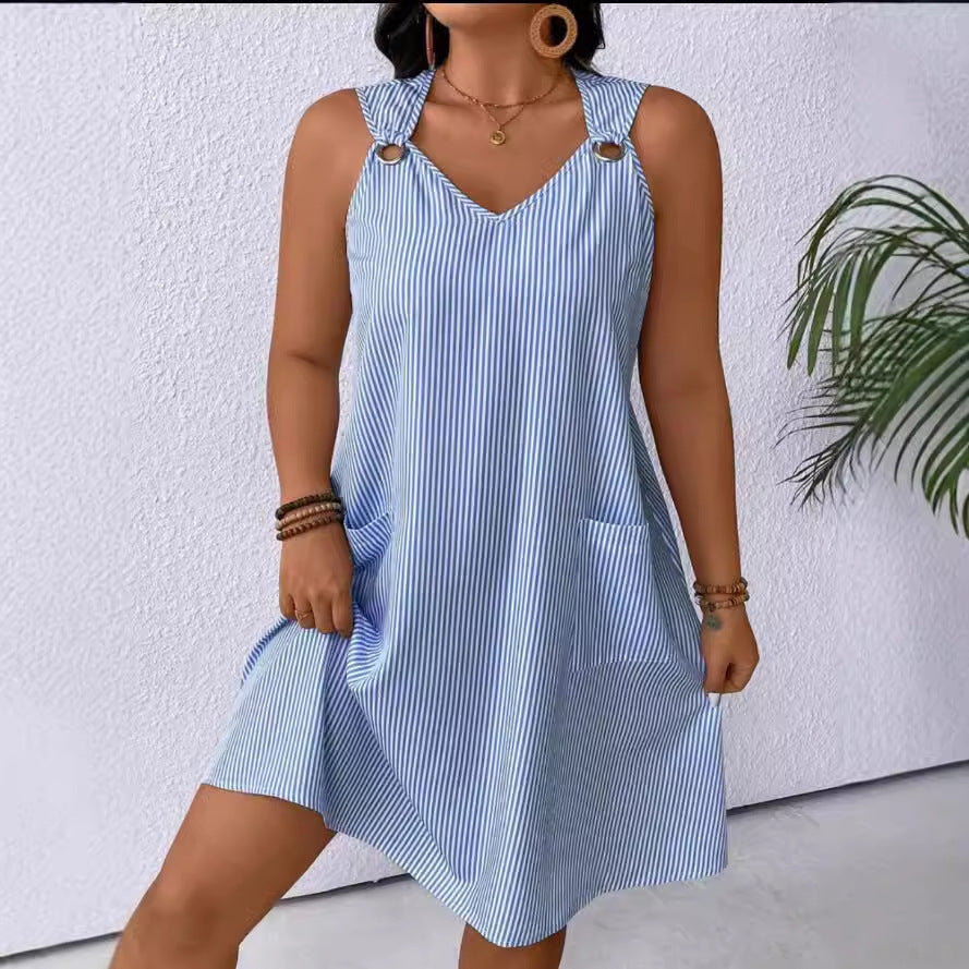 New Round Neck Striped Style With Pockets Suspender Jumpsuit Skirt