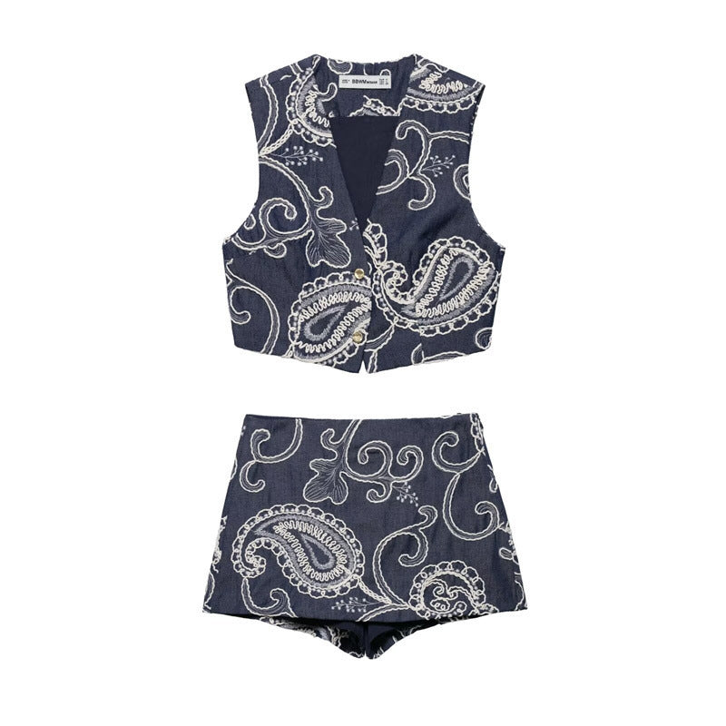 Embroidery Short Vest Top Embroidered Culottes