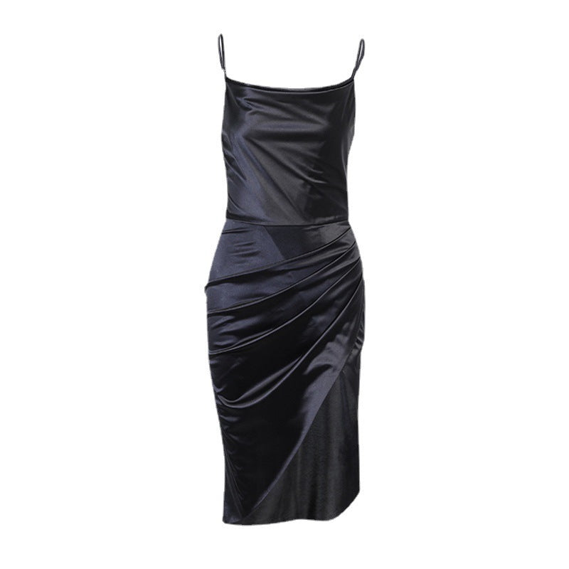 Robe sexy fendue en satin à la mode, tempérament mince européen et américain