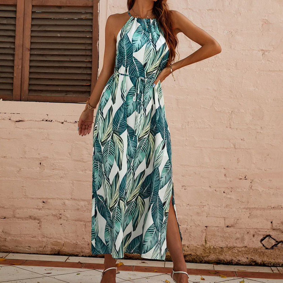 Robe bohème sans manches à col licou, jupe décontractée pour les vacances