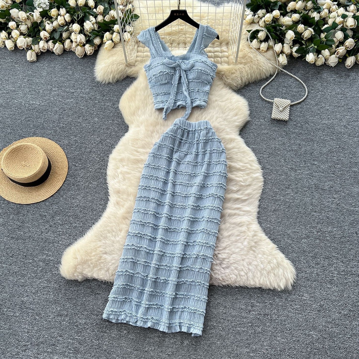 Bow-tie Square-neck Camisole With Cap Sleeves High-waisted Sheath Skirt