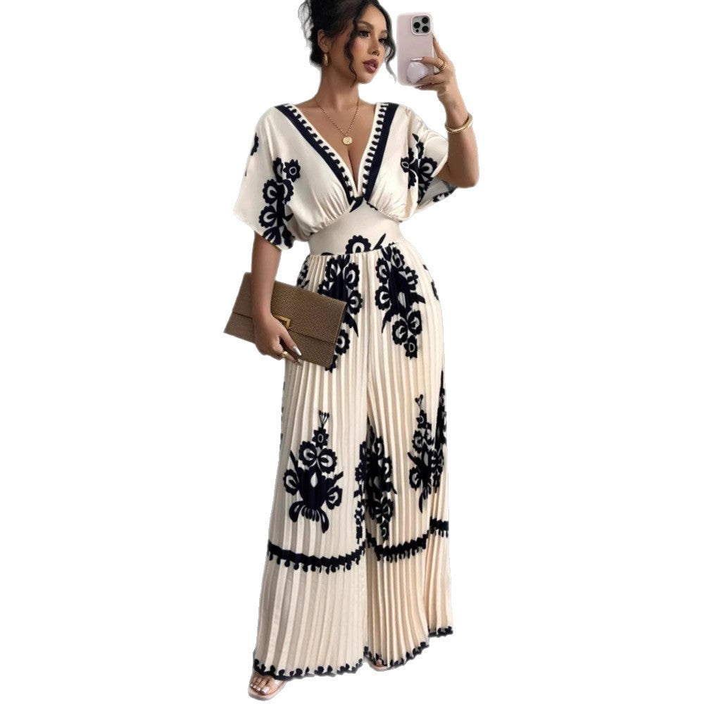 Casual Printed Loose Short-sleeved Jumpsuit