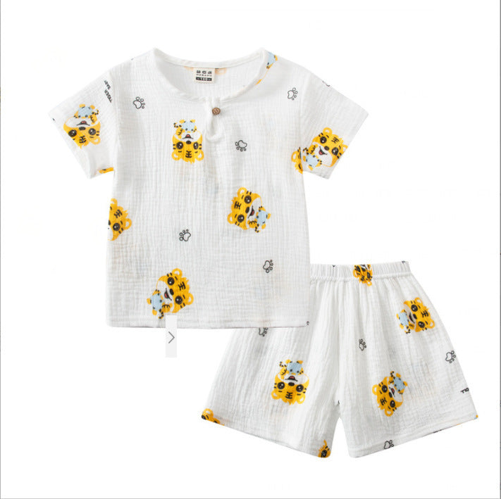 Cotton And Linen Short Sleeve Shorts Suit Round Neck Cartoon Printing