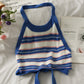 French Care Stripe Cropped Navel Halter Knit Tank Top