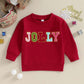 Christmas Embroidery Letter Crew Neck Sweater Red