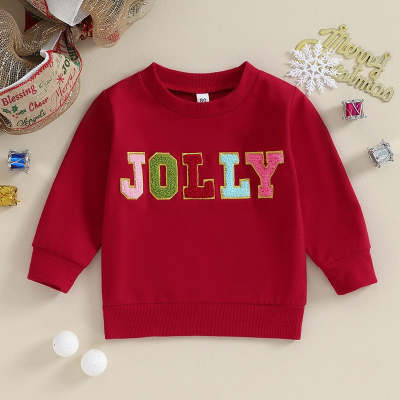 Christmas Embroidery Letter Crew Neck Sweater Red