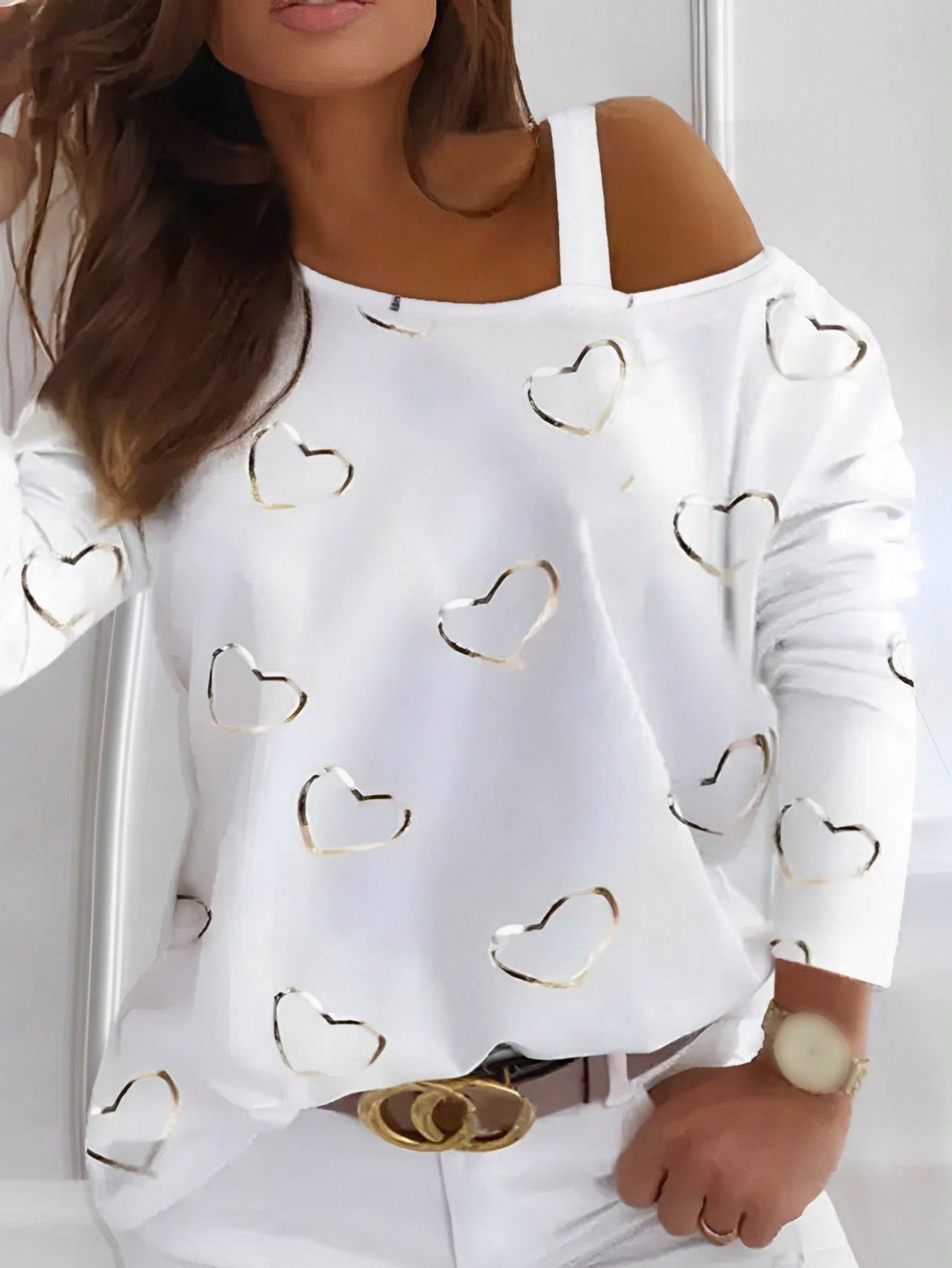Heart Printing Women's Strapless Pullover Long Sleeve T-shirt