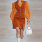 Fashionable Retro Long-sleeved Chiffon Orange Velvet Shirt And Skirt Set