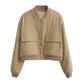 Veste courte décontractée à simple boutonnage et col montant avec poches, vêtement d'extérieur à manches longues et tendance pour femme