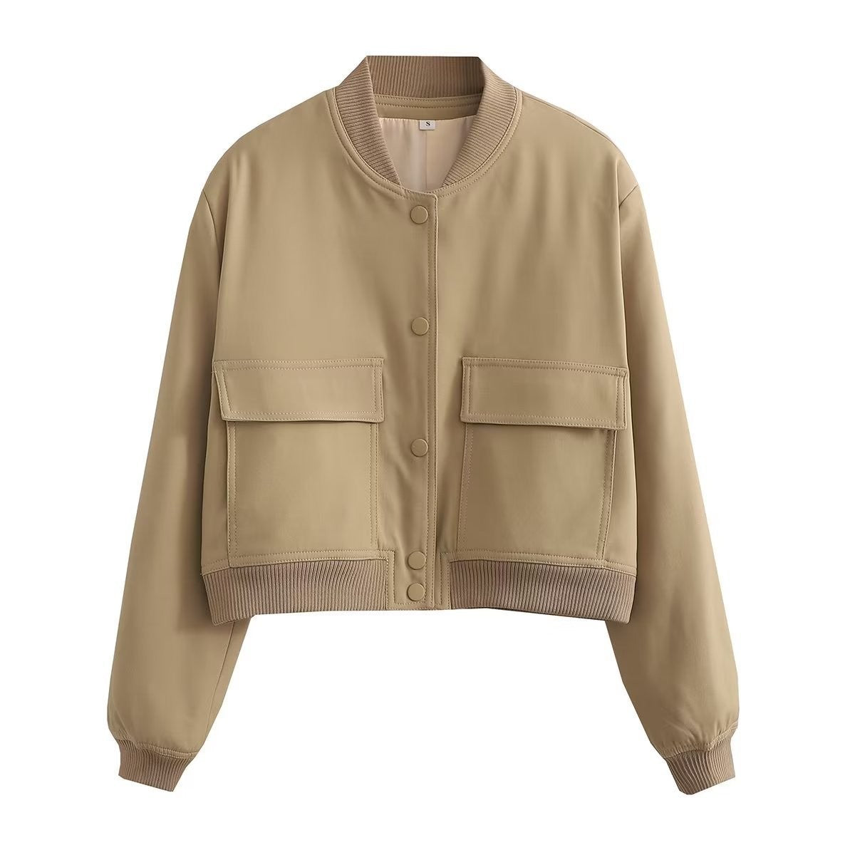 Veste courte décontractée à simple boutonnage et col montant avec poches, vêtement d'extérieur à manches longues et tendance pour femme